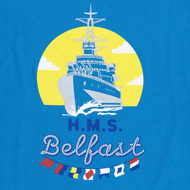 HMS belfast naval blue kids t-shirt with flags front design imperial war museums